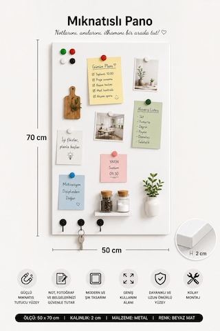 Yiğit Metal Mıknatıslı Pano Beyaz Ofis/çalışma Odası İçin Mıknatıs Hediyeli Metal Magnet Hatıra Panosu 50 x 70 CM