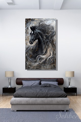 Dekoratif Dikey Kanvas Tablo Tekli Ev Ofis Akışken Yele Tasarımlı Siyah At Kara Fırtına 2183