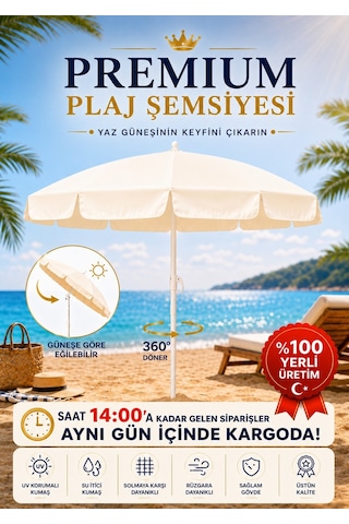 Plaj Şemsiyesi , Güneş Ve Balkon Şemsiyesi 180 Cm - 8 Telli Krem Renk Kalın Kumaş
