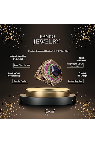 Gerçek Doğal Safir Taşlı Yüzük, 12.35 Karat, Gümüş Unisex Hurrem Sultan Yüzüğü Gümüş
