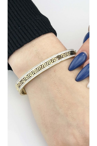 Zirkon Taşlı, Labirent, Paslanmaz Çelik Kelepçe Bileklik 20, Altın Renk Altın