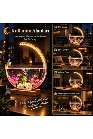 Led Işıklı Dekoratif Masaüstü Akvaryum Yarım Ay Tasarım Hava Kabarcıklı Balık