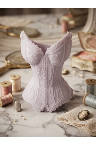 Vintage Dantel Detaylı Lila Korset Tasarımlı 3d Dekoratif Obje Ve Takı Düzenleyici Pembe