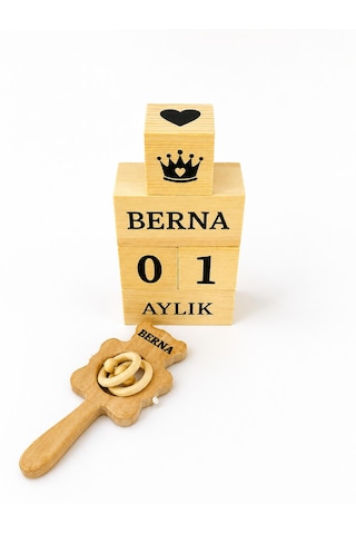 Kişiye Özel İsimli Bebek Çıngırak - Bebek Anı Küpü Tekstil Boyalı-%100 Doğal Organik Ahşap Set - Hediyelik - Yeni Doğan-