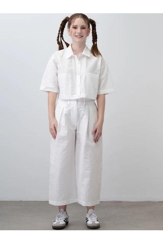 Kız Çocuk Crop Gömlek Poplin Pantolon Takım-15793 Beyaz