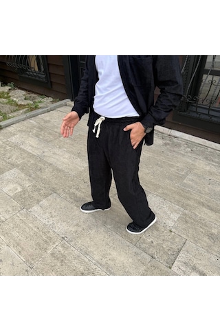 Primemağazam Erkek Fitilli Kadife Cepli Buggy Pantolon Oversize Rahat Kalıp - Siyah Çeşitli