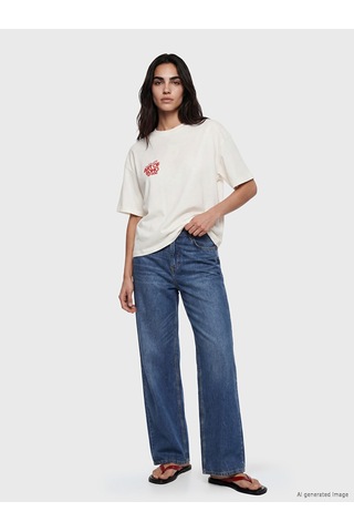 Lcw Vision Ekru Nyc Baskılı Oversize %100 Pamuklu Kadın Tişört