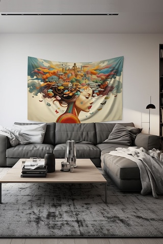 Renkli Kadın Silüet Desenli Duvar Halısı Duvar Örtüsü Tapestry Süet Dokulu Kumaş