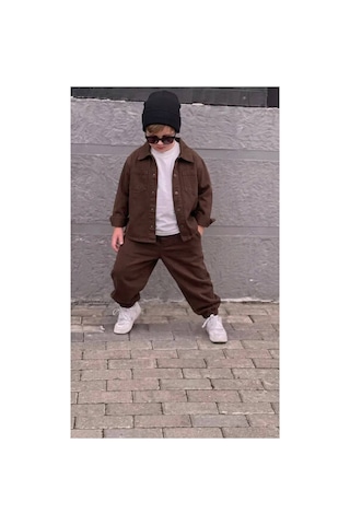 Toikids Erkek Çocuk Gabardin Gömlek Yaka Ceketli Jogger Pantolonlu 2'li Takım Kahverengi