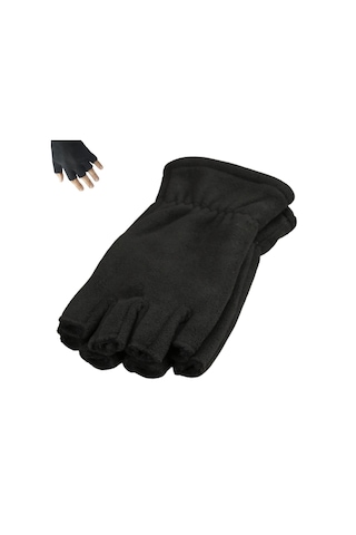Siyah Parmaksız Kesik Yarım Parmak Kışlık Termal Polar Eldiven Siyah