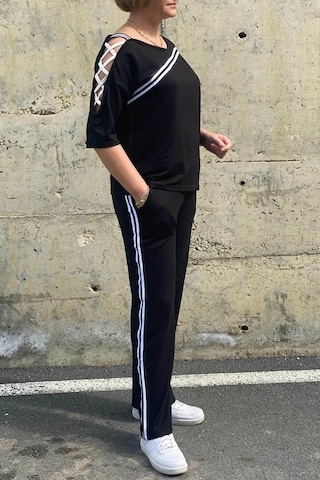 Mia Butik Büyük Beden Siyah Tek Omuz Dekolteli Eşortman Takım Siyah-beyaz