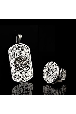 Fkgümüş 925 Ayar Gümüş Allah Lafzı İşlemeli Erkek Yüzük Ve Kolye Silver