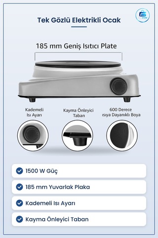 Tek Gözlü Elektrikli Ocak 1500w 185 Mm Yuvarlak Plaka Kademeli Is Çok Renkli