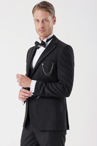 İmza Siyah Desenli Armürlü Çıkarılabilir Mono Yaka Yelekli 6 Drop Slim Fit Smokin Damatlık Takım 1001230202-Siyah