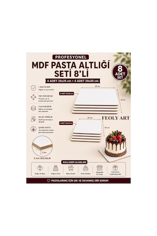 Profesyonel Mdf Pasta Altlığı Seti 8'li 4 Adet 25x25 Cm + 4 Adet 20x20 Cm 3 Mm Tek Yüzü Beyaz Premium Pasta Sunum Altlığı Beyaz / Kahverengi