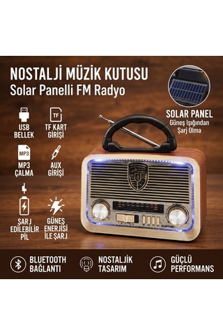 Premium Solar Panelli Led Fenerli Radyo Nostaljik Tasarım Şarjlı Bluetooth Ses Sistemi Retro Tarz