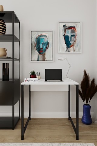 Selin Metal Ayaklı Çalışma Masası Beyaz Suntalam, Siyah Ayak, Modern Ofis & Ev Masası Beyaz