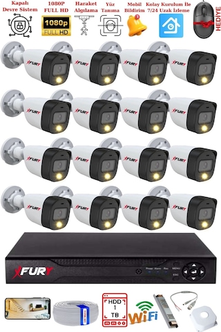 Fury 16 Kameralı 5mp Lens 2 Mp Görüntü Gece Renkli Full Hd Ultra Led Akıllı Güvenlik Kamerası Seti 1 Tb