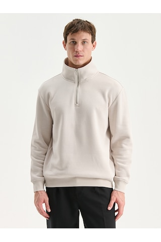 Lcw Vision Bej Fermuarlı Dik Yaka Erkek Kalın Sweatshirt