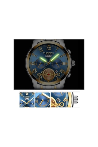 Novahub Fngeen 4001 Erkekler Kuvars Saat, Kahverengi Deri Altın Siyah Yüzey, Çok Renkli Fonksiyonlar Çok Renkli