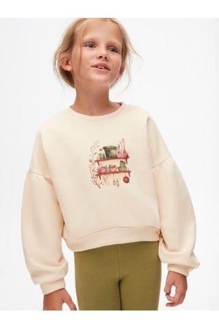 Kız Çocuk Pamuklu İki İplik Önü Baskılı Sweatshirt-14712 KREM