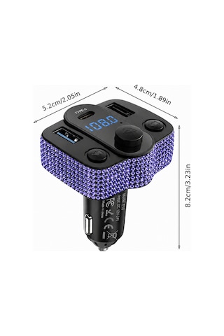 Araç İçi Mor-lila Kristal Taşlı Fm Transmitter Bluetooth Usb Type-c Oto Çakmaklık
