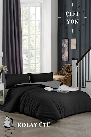 Ely Parker Kolay Ütü 180x200 Battal Çift Kişilik Nevresim Takımı Çift Yönlü (Gri Lastik.Çarşaf+Yorgan K.+2 Y.K) 180 x 200 Gri