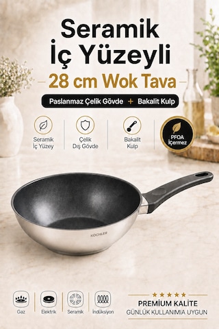 28 Cm Seramik İç Yüzeyli İndüksiyon Uyumlu Paslanmaz Çelik Wok Tava Gümüş