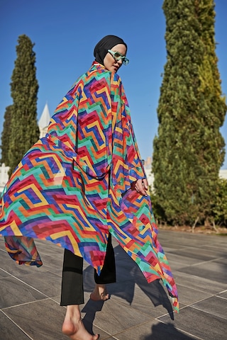 Remsa Mayo Remsa Tesettür Mayo Üzerine Tek Kaftan Kimono Pareo Rp016 Tetris Siyah