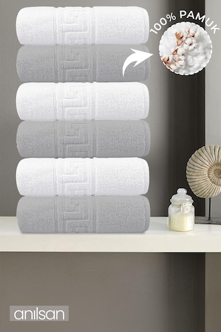 6'lı Greek Gri-beyaz El Havlusu - 50x90 Cm, 225 Gr, %100 Pamuk, Spa Ve Otel Havlusu Gri-Beyaz