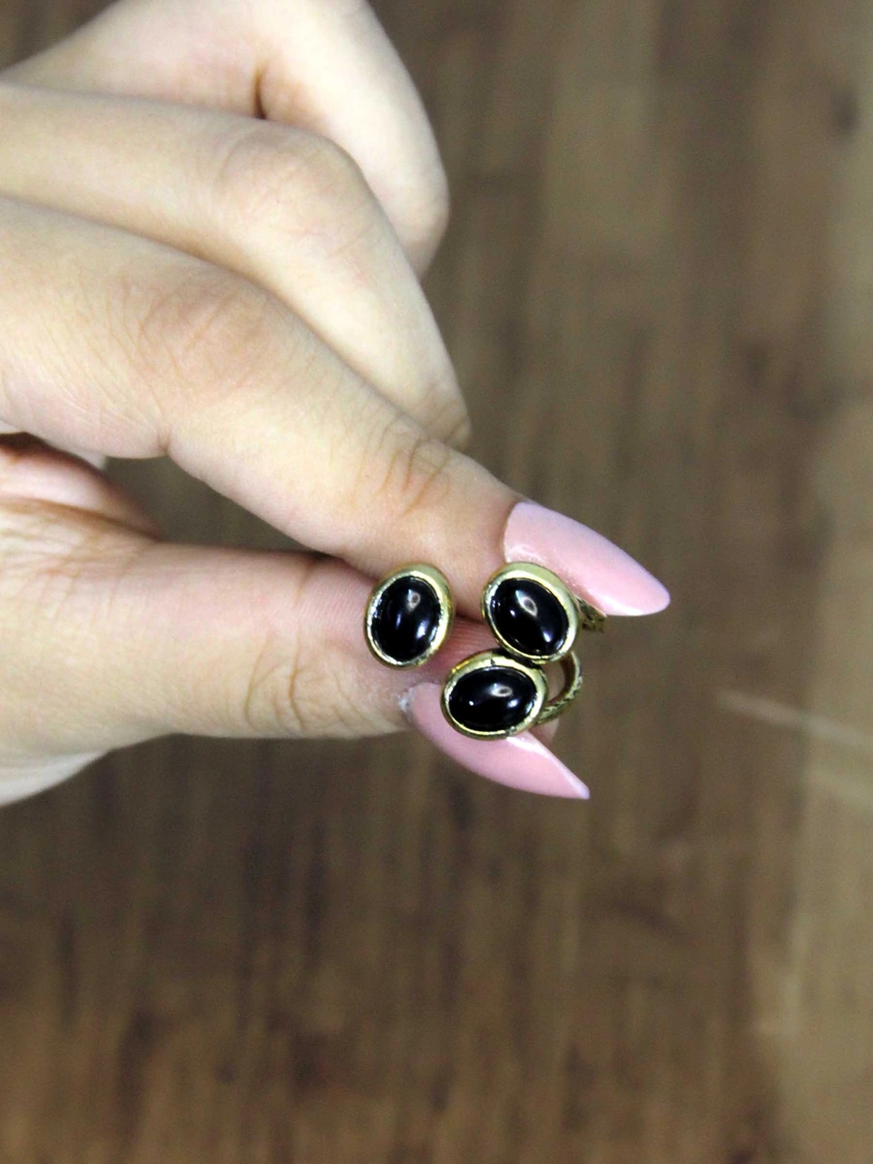 Doğal Taş Oniks Üçlü Doğal Taşlı Antik Model Kadın Ayarlanabillir Yüzük Euy76o Siyah