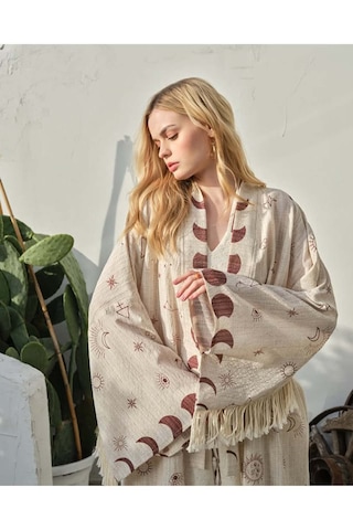 Yılan Astroloji Yıldız Haritası Püsküllü Doğal Kumaşlı Bohem Sahil Tatil Festival Karnaval Vibe Boho Kimono Kaftan Pareo Bej