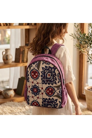 Morgen Craft Gimba Sırt Çantası - %100 El Yapımı - Dokuma Motifli - 32x37-39x15 Cm Mor