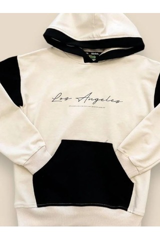 Erkek Çocuk Kapüşonlu Los Angeles Yazılı Pamuklu Sweatshirt-14694 Bej