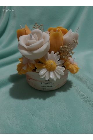 Rüwüzel Güneş Bahçesi Soya Wax Çiçek Mum Buketi Beyaz - Turuncu