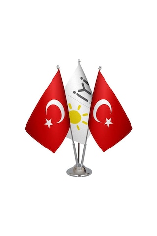 Masa Üstü İyi Parti Bayrağı Türk Bayrağı Üçlü Krom Direk Masa Bay