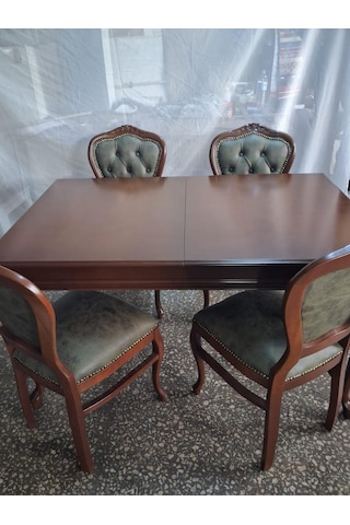Masa Sandalye 90615 Klasik Model Kayın Aslan Ayak Oymalı Ceviz Orta Açılır Masa Kahverengi