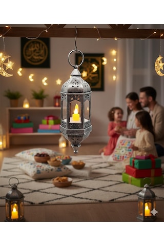 Ledli Asmalı Eskitme Model Dekoratif Fener 20 Cm Gümüş Kendinden Pilli Diğer