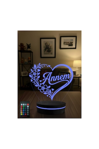 Annem Yazılı 3d Led Gece Lambası Anneler Günü Hediyesi Kalpli Çiçek Desenli Rgb Kumandalı Masa Lambası Çok Renkli