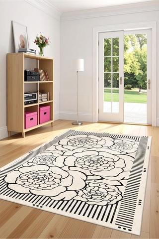 Zeminde Çizgisel Bahar Siyah Beyaz Çiçekli Kaymaz Taban Halı Siyah - Beyaz