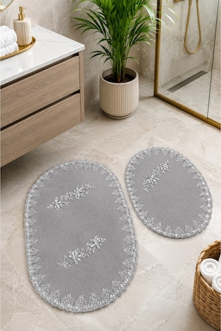 Gri 2li Fransız Dantelli Lüks Banyo Paspası Kaymaz Çeyizlik Oval Banyo Paspas Seti Lauris Gümüş