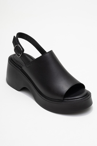 Luvishoes Power Siyah Cilt Hakiki Deri Kadın Dolgu Topuklu Sandalet Siyah Deri
