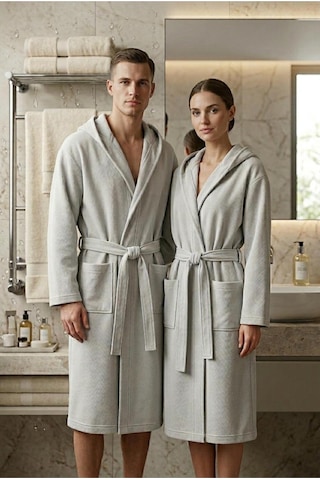 Soft Comfort Lacost Örgü Unisex Kapüşonlu Bornoz Gri