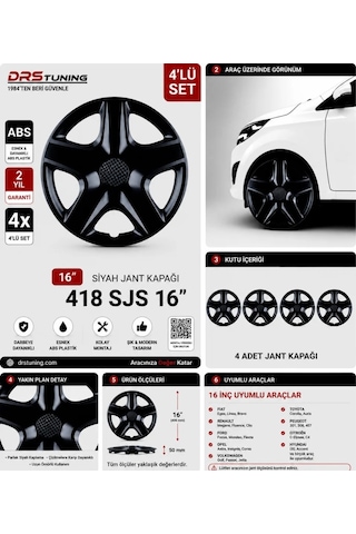 Mazda Uyumlu 16 Inç Kırılmaz Parlak Siyah Jant Kapağı 1 Takım 4 Adet No:418