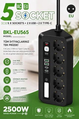 5 Li Akım Korumalı Priz 2500w 2 Usb + 2 Type-c Hızlı Şarj Led Gece Lambalı Dokunmatik Anahtarl 2 M