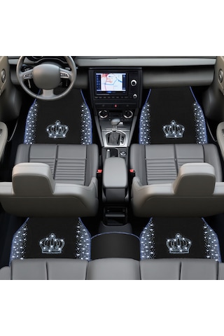 Kristal Taşlı Taç Desenli Işıltılı 5 Li Araç Oto Halı Paspas Seti Lüks & Şık Araç İçi Tasarım