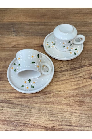 3'lü Papatya Desenli El Yapımı Seramik Kupa, Mug, Türk Kahvesi