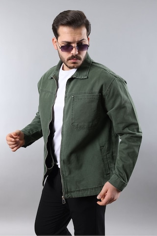 Erkek Regular Fit Haki Spor Model Fermuarlı Kot Ceket Haki