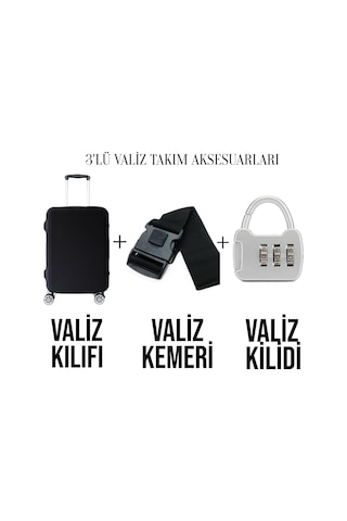 3'lü Büyük Boy Valiz Aksesuarı Kılıf Kemer Kilit 8683255012541 Siyah