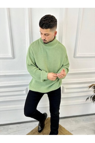Elku Moda Boğazlı Erkek Kazak Oversize Balıkçı Yaka Geniş Salaş Triko Kazak Yeşil